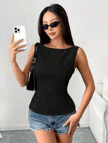 Camisa ajustada sin mangas de unicolor con lazo en la espalda, sexy y elegante para uso casual, adecuada para citas, vacaciones, oficina/negocios, primavera/verano - Negro - Ver 4