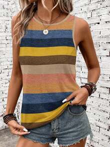 Camiseta de tirantes holgada de verano para mujer, estampado de patrón de correa de mezclilla, elegante y versátil, apta para uso casual, vacaciones y paseos, con un estilo minimalista y retro - Multicolor 2 - Ver 3