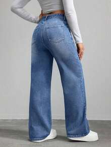 Jeans simples de unicolor para mujer, decorados con botones para uso diario - Azul lavado medio 2 - Ver 2