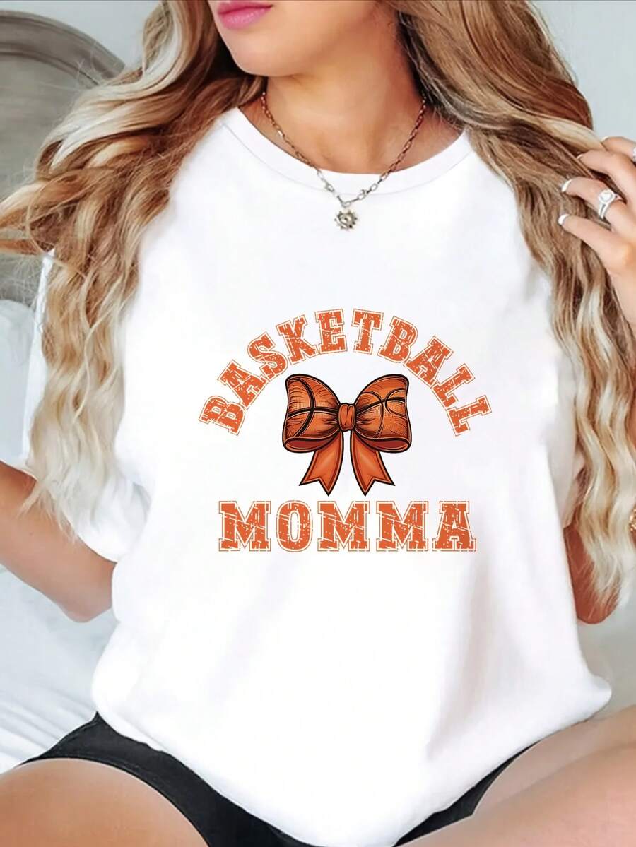 100% Cotton, Plus Size - Basketball Mom T-Shirt - Black T-Shirt With Orange Lettering, Lightweight And Semi-Sheer Top, Suitable For Basketball Moms, Machine Washable Gift, Casual Wear, Bow Design T-Shirt, Breathable Fabric, Clothing, Stylish Design, Durable Construction, Short Sleeve T-Shirt, For Enthusiasts - Everyday Wear T-Shirts - 白色 - 查看 1