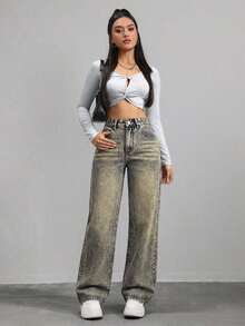Jeans de mezclilla de pierna ancha recta de diseño simple con cintura alta para mujeres a la moda - Lavado ligero 2 - Ver 6