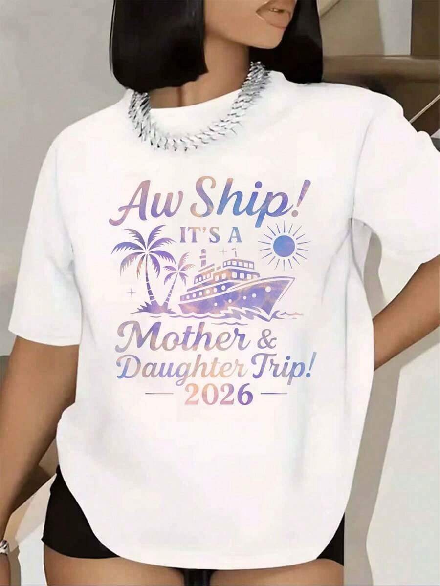 Aw Ship Women's T-Shirt, It's A Mother And Daughter Trip 2026 Cruise Ship Palm Tree Sun Graphic Short Sleeve Crew Neck Casual Summer Holiday T-Shirt 220g - 白色的 - 查看 1
