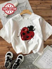 Breathable Plus Size Top For Women Short Sleeve Loose Fit Summer Outfit Tee,Heart-Patterned Ladybug Print, 100% Cotton, Short-Sleeved, Round-Neck Casual Top, Suitable For Summer And Spring, Women's Clothing - 白色 - 查看 6