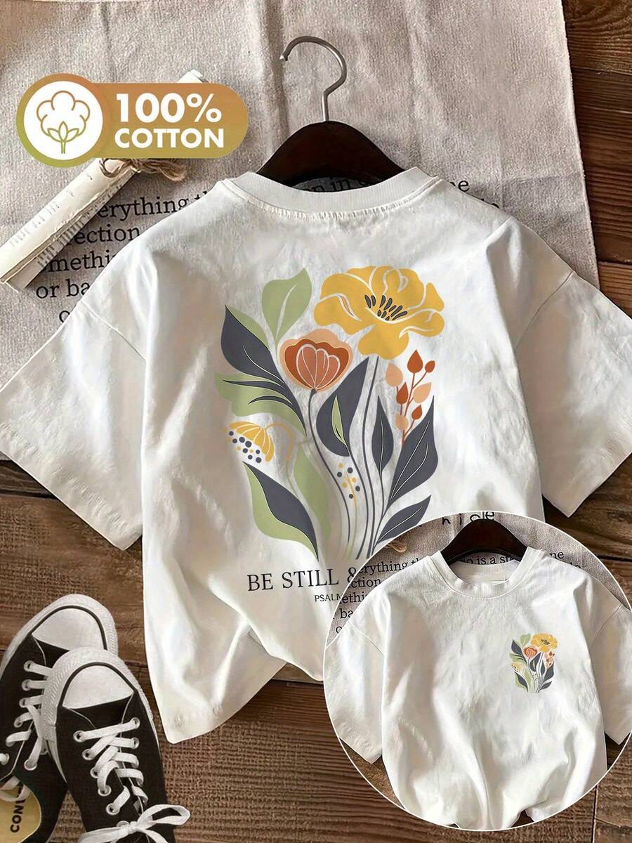 Women's Reversible, Printed Summer Casual Top With A Fresh Floral And Leaf Design, Featuring A BE STILL Print On A Sheer Short-Sleeved, Crew-Neck T-Shirt - 白色 - 查看 1