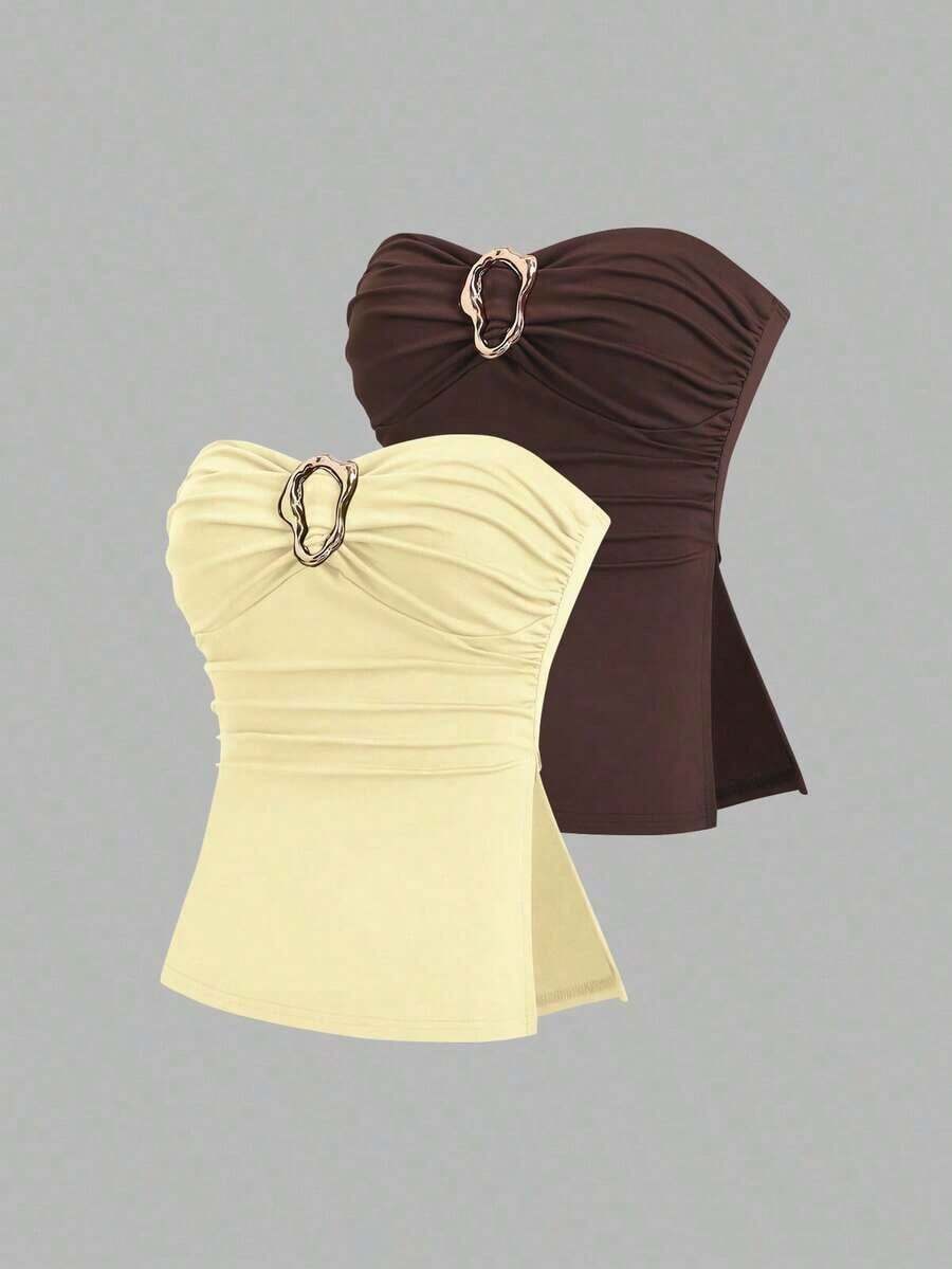 Top corto con pliegues tipo bandeau de moda casual para mujer - Multicolor - Ver 1