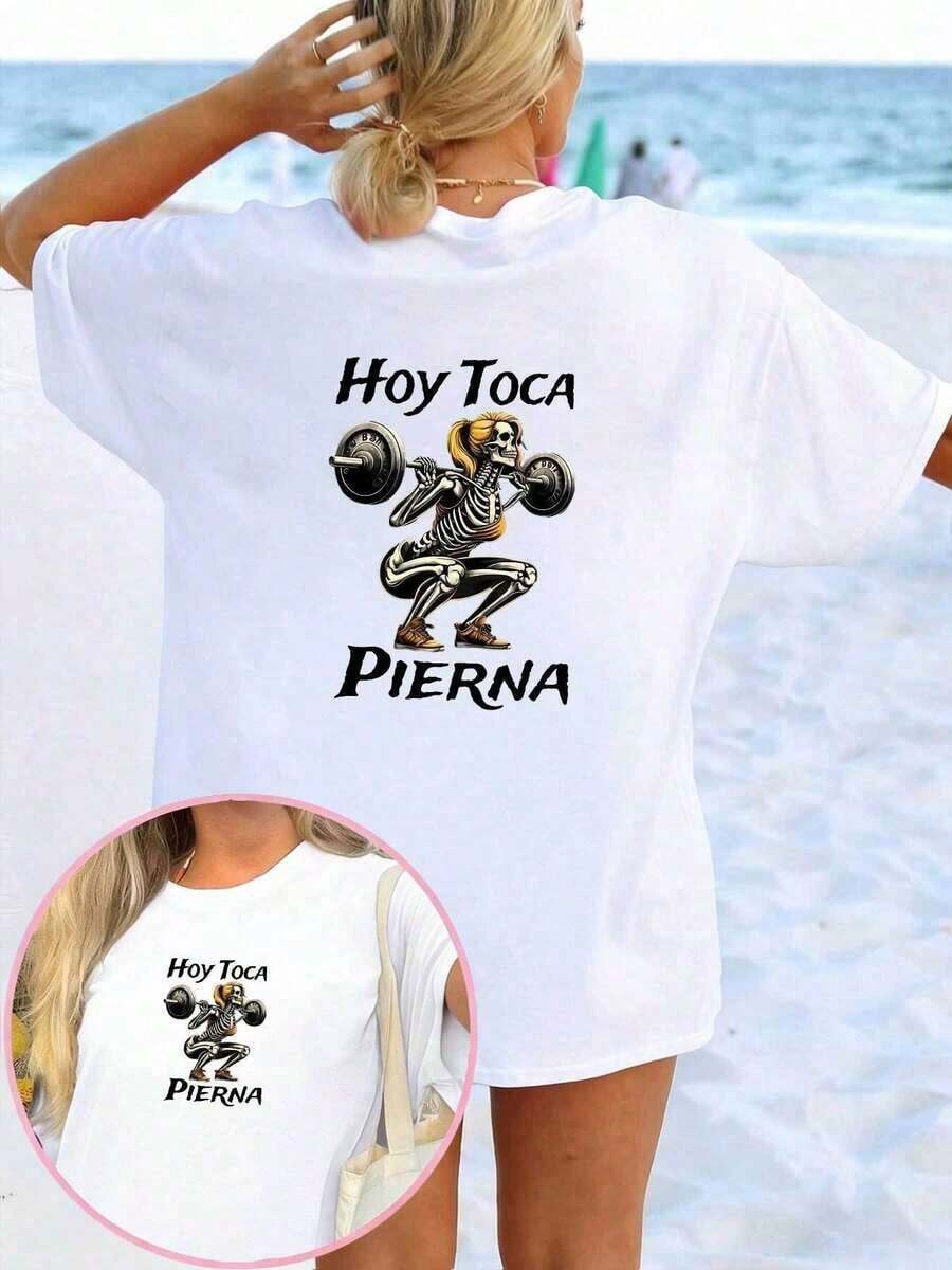 Women's Summer Casual Sports T-Shirt 2026, Short Sleeve Top With Round Neck And Creative Design, Fashionable Weightlifting Letter Design With Double-Sided Print, Stylish And Loose Fit, Slightly Stretchy And Soft Fabric, Casual Party Top, Suitable For Home, Office And Outdoor Commuting, Women's Pure Cotton Short Sleeve T-Shirt For All Seasons. - 白色 - 查看 1