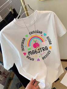 Fashion Printed T-Shirts For Women, Oversized Streetwear Tops, Comfortable And Stylish All-Match Summer Tees. Women's Short-Sleeved T-Shirt With Round Neck, Rainbow Apple Heart Graphic Print, Suitable For Spring, Summer And Autumn. - 白色 - 查看 7