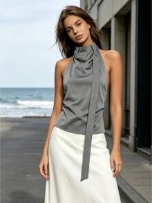 Womens Halter Tank Tops Summer Fashion Solid Color Mock Neck Backless Going Out Vest - Grey - View 1