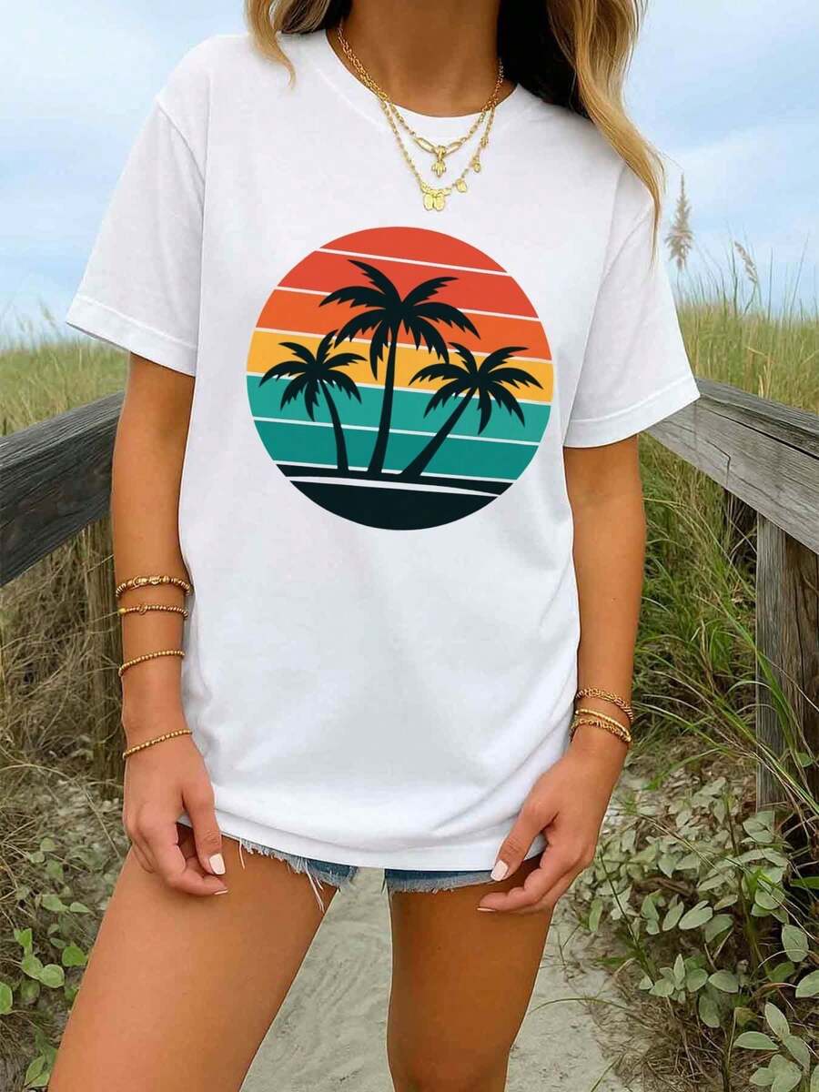 Wo Y2K Retro Surf T-Shirt - Short-Sleeve Top With Tropical Palm Print And Crew Neck, Soft And Breathable 180 G/M² Beach Shirt, Suitable For Surfing, Casual Wear, And Vacation Wear For All Four Seasons, Machine-Washable White T-Shirt. OV65 - 白色 - 查看 1