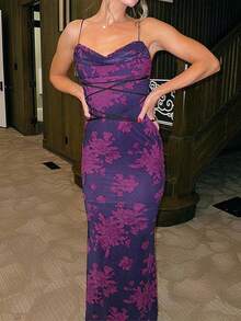 Fitted Dress With Low-Cut Print, Elegant Style Spring 2026 - Purple - View 2