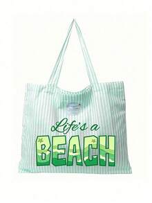 Life'S A Beach Print - Retro Style Pink And White Striped Canvas Handbag, Women'S Large Capacity Striped Beach Tote Bag, Travel Beach Bag And Shopping Fashionable Shoulder Bag, Foldable Canvas Shoulder Handbag, Waterproof Sandproof Travel Bag For Summer Essentials, Ideal For Beach Trips, Pool Days, Shopping & Daily Use, For Women, Travelers & Beach Lovers, For Easter, Teacher'S Day, Vacations - Multicolor - View 19