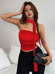 Elegante top de leopardo para mujeres con pliegues y sin tirantes para el verano, incluye una bufanda a juego - Rojo - Ver 6