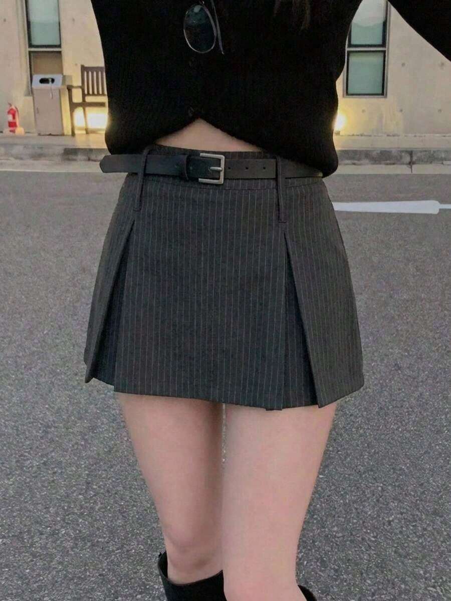 Falda de línea A plisada de unicolor y minimalista para mujer, de uso cotidiano y ocio - Gris - Ver 1