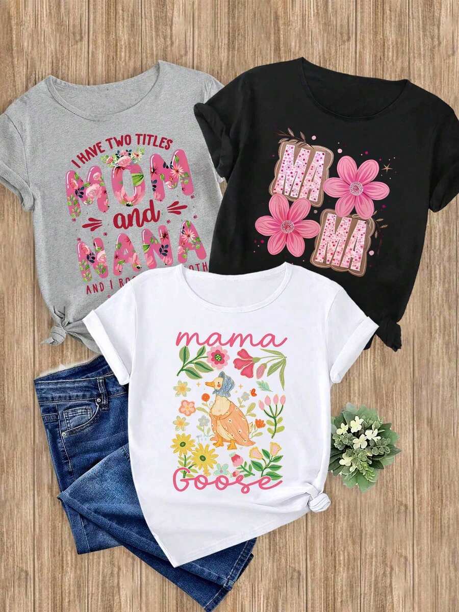 Women's T-Shirts, 1-Piece Set With Floral And Text Prints, 1-Piece Elegant, Casual, Sporty, Gift, Soft, Machine Washable, Short-Sleeved Top With Round Neck. - 1件黑色隨機圖案 - 查看 1