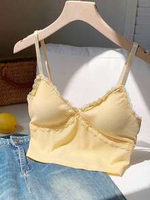 Camisilla sin mangas casual de verano para mujer con parches de encaje en unicolor - Amarillo - Ver 4