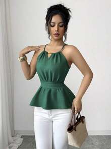 Chaleco ajustado sin mangas con diseño de cremallera y decoración de cuentas de madera con tirantes finos en color verde elegante para mujer, primavera/verano - Verde - Ver 4