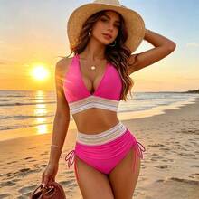 Women High Waisted Bikini Sets Tummy Control Swimsuits Color Block Two Piece Drawstring Bathing Suit Outdoorfun - Hot Pink - View 9