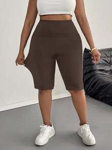 Leggings básicos de color liso para mujer de talla grande, apropiados para shorts de verano hasta la mitad del muslo, adecuados para personas de estatura talla grande baja, leggings de cintura alta, para uso diario, ocio, deportes, vera - Café integral - Ver 4