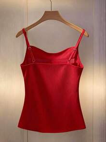Camiseta ajustada con escote pronunciado y decoración de botones fruncidos en los laterales, de moda para mujeres - Rojo - Ver 2