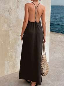 Vestido largo elegante de mujer con tirantes finos, espalda descubierta y lentejuelas, adecuado para fiestas, bodas, playa y vacaciones, color negro, para verano - Marrón - Ver 6