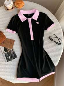 Mono de cuello de polo con gráfico de logo pequeño de caballo en estilo minimalista casual, adecuado para otoño/invierno, estilo versátil, vintage, universitario, sexy, lindo, Y2K, chica de coco, bohemio, hippie, festival de música - Multicolor 3 - Ver 4