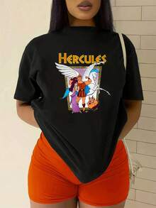 Hercules Surrounded By Mythical Characters Symbolizes Strength, Courage, And Friendship With Colorful Details That Evoke Ancient Greece. A Comfortable And Casual Women's T-Shirt Ideal For Everyday Wear. - 黑色 - 查看 2