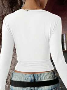 Women's Fitted And Sexy Knit Top, Long Sleeve, V-Neck, Solid Color, Casual Spring T-Shirt, White. - trắng - Xem 2