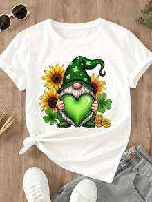 1 Piece St. Patrick's Day Gnome T-Shirt With Green Heart, Sunflowers And Shamrock, 180g 100% Cotton - 白色 - 查看 4