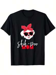 Lioness Dog Mom T-Shirt, Cute Dog Print T-Shirt With Red Bow And Fashionable Glasses, Men's Casual Short Sleeve T-Shirt, Summer 2026, Machine Washable, Suitable For All Seasons, Comfortable Style, Perfect For Everyday Wear And Gifts, Circus T-Shirt, Perfect For Holidays And Playtime, Ideal For Parties And Family Vacations, Party Outfit, Summer Outfit, Warm Weather Clothing - 黑色 - 查看 1