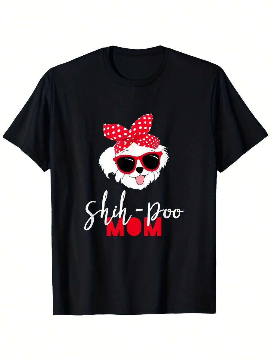 Lioness Dog Mom T-Shirt, Cute Dog Print T-Shirt With Red Bow And Fashionable Glasses, Men's Casual Short Sleeve T-Shirt, Summer 2026, Machine Washable, Suitable For All Seasons, Comfortable Style, Perfect For Everyday Wear And Gifts, Circus T-Shirt, Perfect For Holidays And Playtime, Ideal For Parties And Family Vacations, Party Outfit, Summer Outfit, Warm Weather Clothing - 黑色 - 查看 1