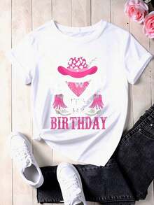 1 Piece Women's T-Shirt With 'It's My Birthday' Print, Cowgirl Style, Pink Hat, Bandana, Boots And Heels, Casual, Fun, For Party, Celebration, Gift, 180g, 100% Cotton - 白色 - 查看 3