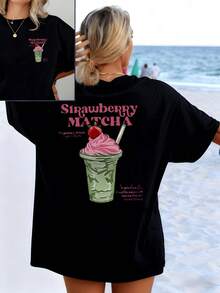 A Summery Drink With Strawberry And Matcha That Represents Freshness, Energy, And Joy By Combining Green And Pink Tones, Evoking The Taste Of A Sweet Moment By The Sea. Women's Double-Print Casual T-Shirt, Comfortable For Sunny Days. - 黑色 - 查看 1