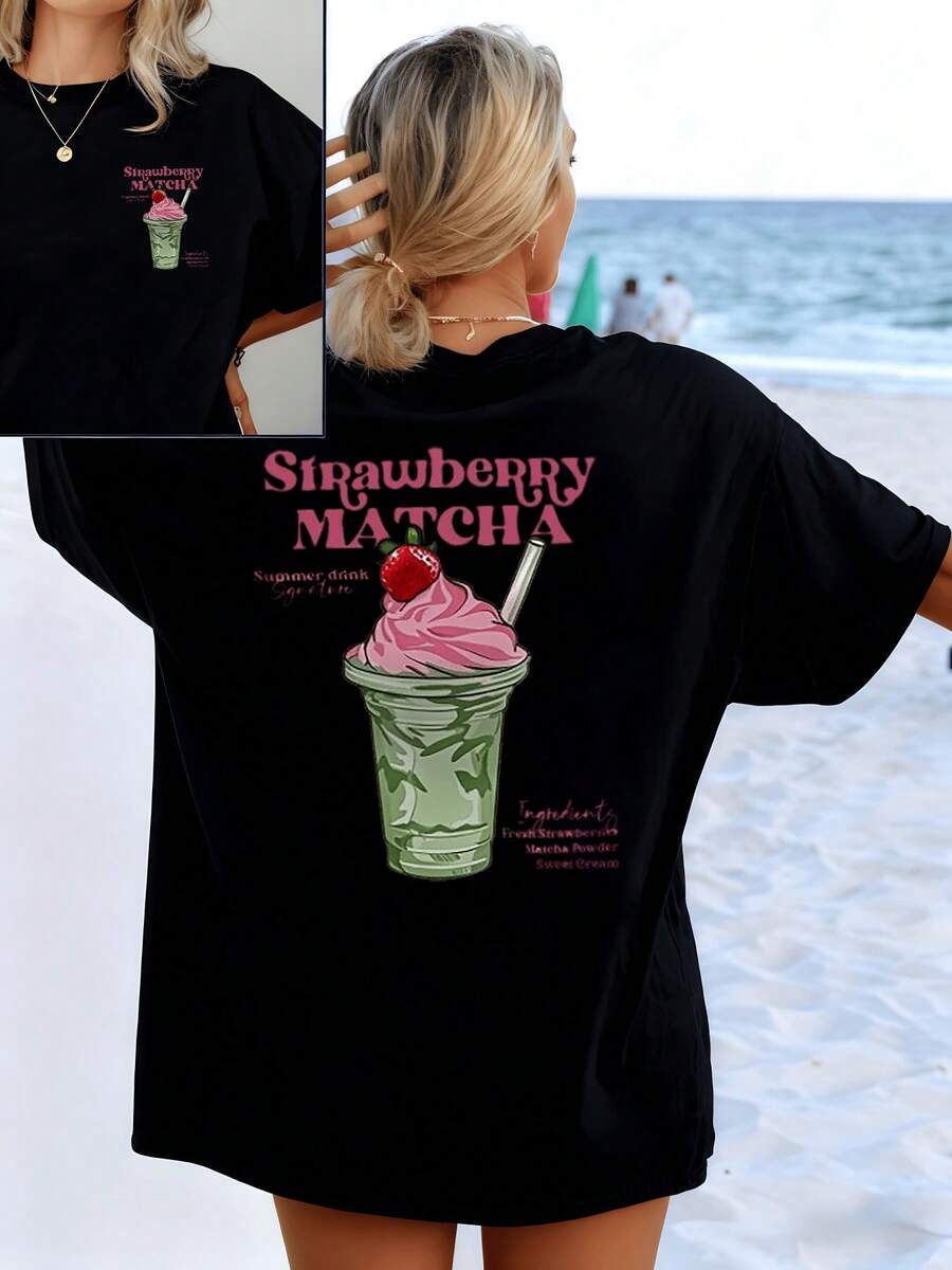 A Summery Drink With Strawberry And Matcha That Represents Freshness, Energy, And Joy By Combining Green And Pink Tones, Evoking The Taste Of A Sweet Moment By The Sea. Women's Double-Print Casual T-Shirt, Comfortable For Sunny Days. - 黑色 - 查看 1