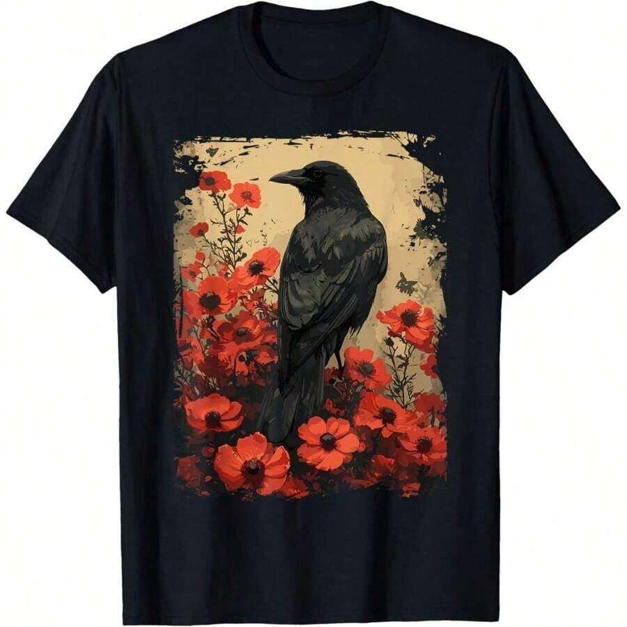 Gothic T-Shirt With Raven And Rose Design, Vintage Floral Style - 黑 - 查看 1
