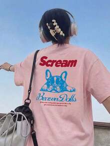 Women's Summer T-Shirt, American Vintage Style, Cream Color, With French Bulldog Print, Loose Fit, Versatile, Short Sleeve, Casual, White - ピンク - 查看 2