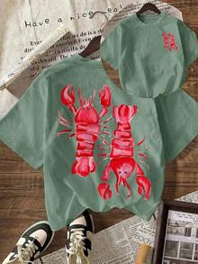Women's Short-Sleeved T-Shirt With Round Neck, Casual Style, Pink Color Y2K Lobster Summer Beach Club. - 綠色 - 查看 6
