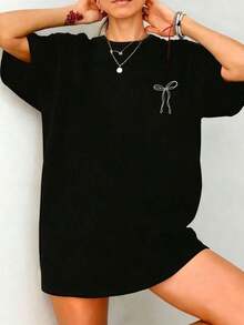 Plus Size Women's Casual Summer Crop Top, Cute Printed T-Shirt, Vacation And Beach Wear In Black - 黑色 - 查看 9