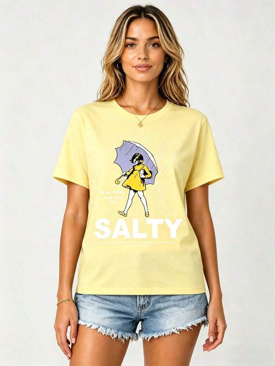 1 Piece Women's Loose-Fitting, Short-Sleeved T-Shirt With A Fun Text Print. Made From 100% Pure Cotton, It's Soft Against The Skin. A Simple Street-Style T-Shirt Perfect For Summer, Work, Or Casual Dates. - 黃色 - 查看 1