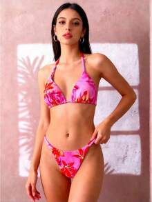 Traje de baño de dos piezas con lazo en el cuello y diseño triangular multicolor para mujer. - estampado de leopardo - Ver 8