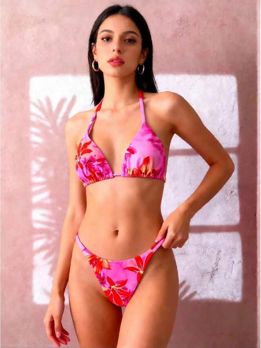Women's Two-Piece Swimsuit With A Tie Neck And Multicolored Triangular Design. - 粉紅色花 - 查看 1