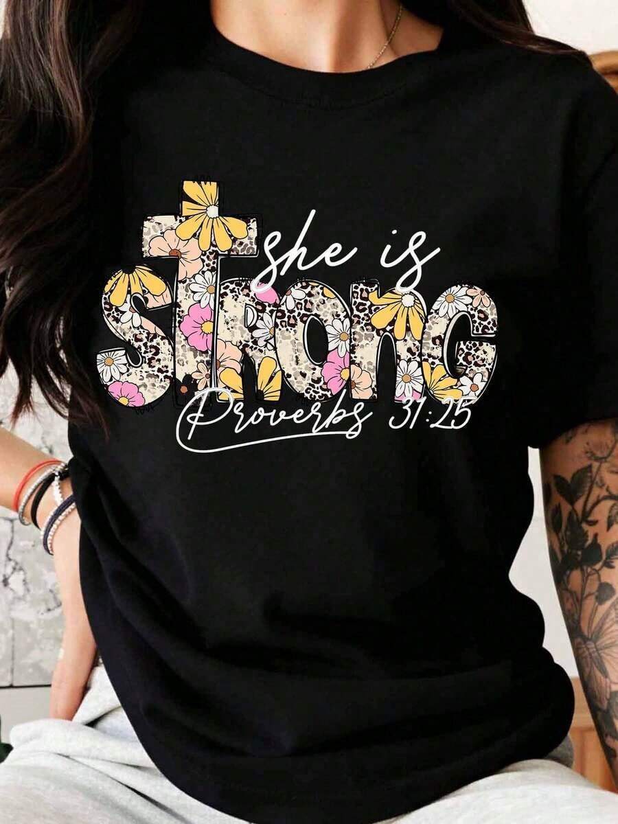She Is Strong Proverbs 31:25 Christian Women's T-Shirt Floral Design With Cross Biblical Inspiration Faith Motivational Graphic T-Shirt For Women Casual Summer Top - 黑色 - 查看 1