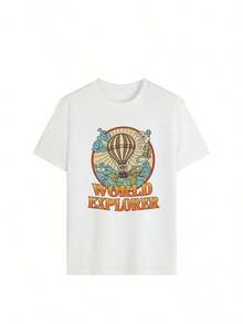 Camiseta de manga corta holgada para mujer, color blanco, con estampado de globo aerostático y la frase "WORLD EXPLORER", de gran demanda. # Atuendo del Día # Vibraciones de Verano # Estética # Atributos de estilo TravelStyle, que ofrecen versatilidad para el uso diario, son amigables con la piel, ideales para fotos y compatibles con múltiples escenarios, con un enfoque en el estilo retro americano, una vibra relajada y descontraída, una estética de viaje y vacaciones y un estilo casual y sin esfuerzo, perteneciendo a la última categoría de camisetas de manga corta holgadas para mujer. Es perfecto para todas las situaciones, como viajes de verano, salidas a tomar un café, ir de compras con amigas, desplazamientos en el campus, ropa casual diaria, citas de picnic, festivales de música y escapadas de vacaciones, y es un artículo imprescindible para crear atuendos estéticos de primavera y verano y dominar las normas de tránsito. # Estilo Retro # CasualChic # VintagePrint. - Blanco - Ver 2