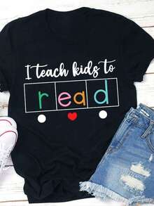 1 camiseta de "I Teach Reading" para maestras, camiseta casual de cuello redondo para mujer, 180g 100% algodón. - Blanco - Ver 4