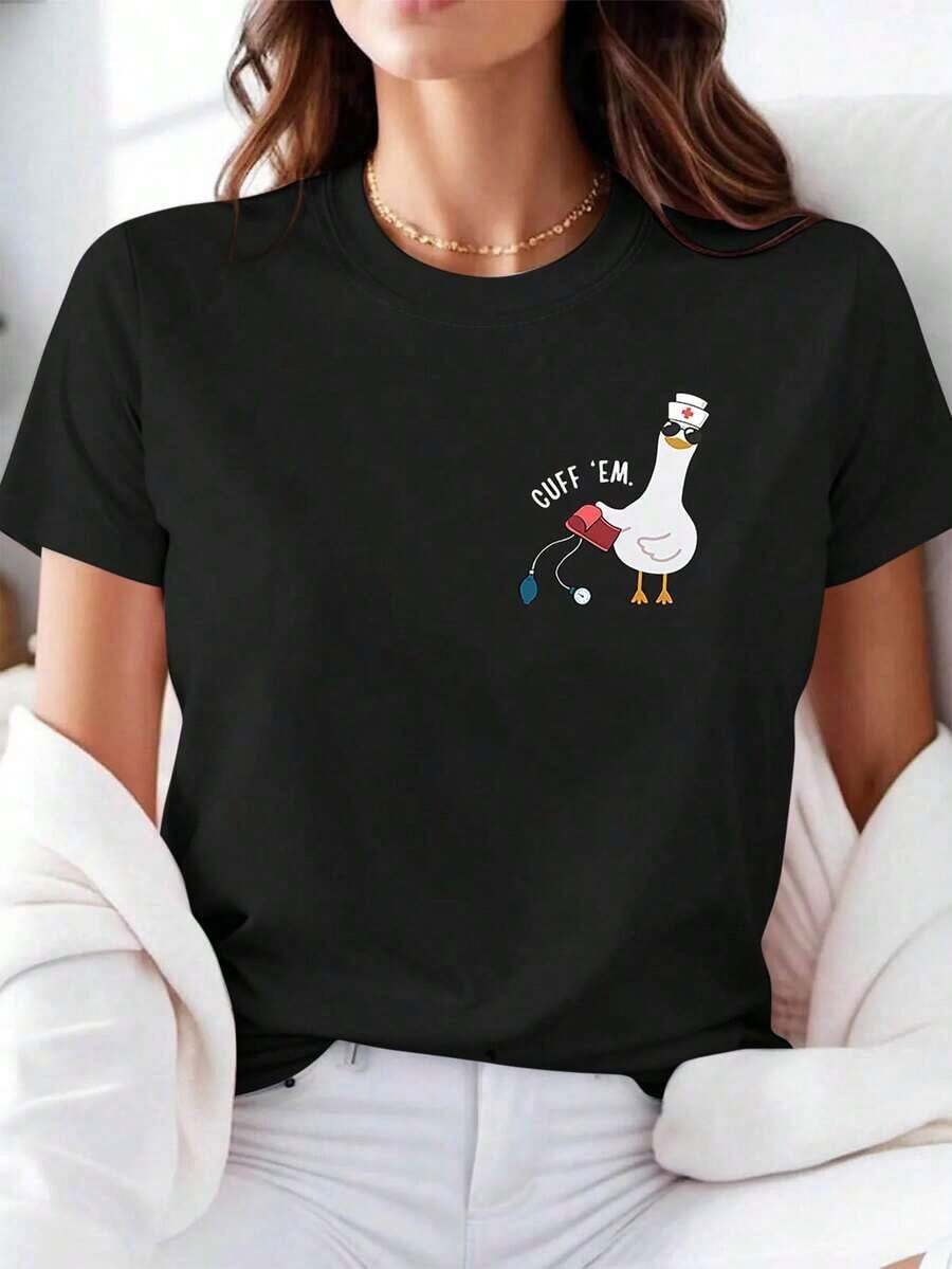 Conjunto de Verano para Mujer "CUFF 'EM" Camiseta Estampada con Diseño de la Linda Enfermera Goose "Tomándole la Presión Arterial" Camiseta Casual de Manga Corta y Cuello Redondo para Mujer Primavera/Verano Regalo Casual Diario para Vacaciones Ropa con Temática Médica 2026- D16 Ligera y Transpirable PARA Todas las Temporadas, Algodón 100% Algodón - Negro - Ver 1