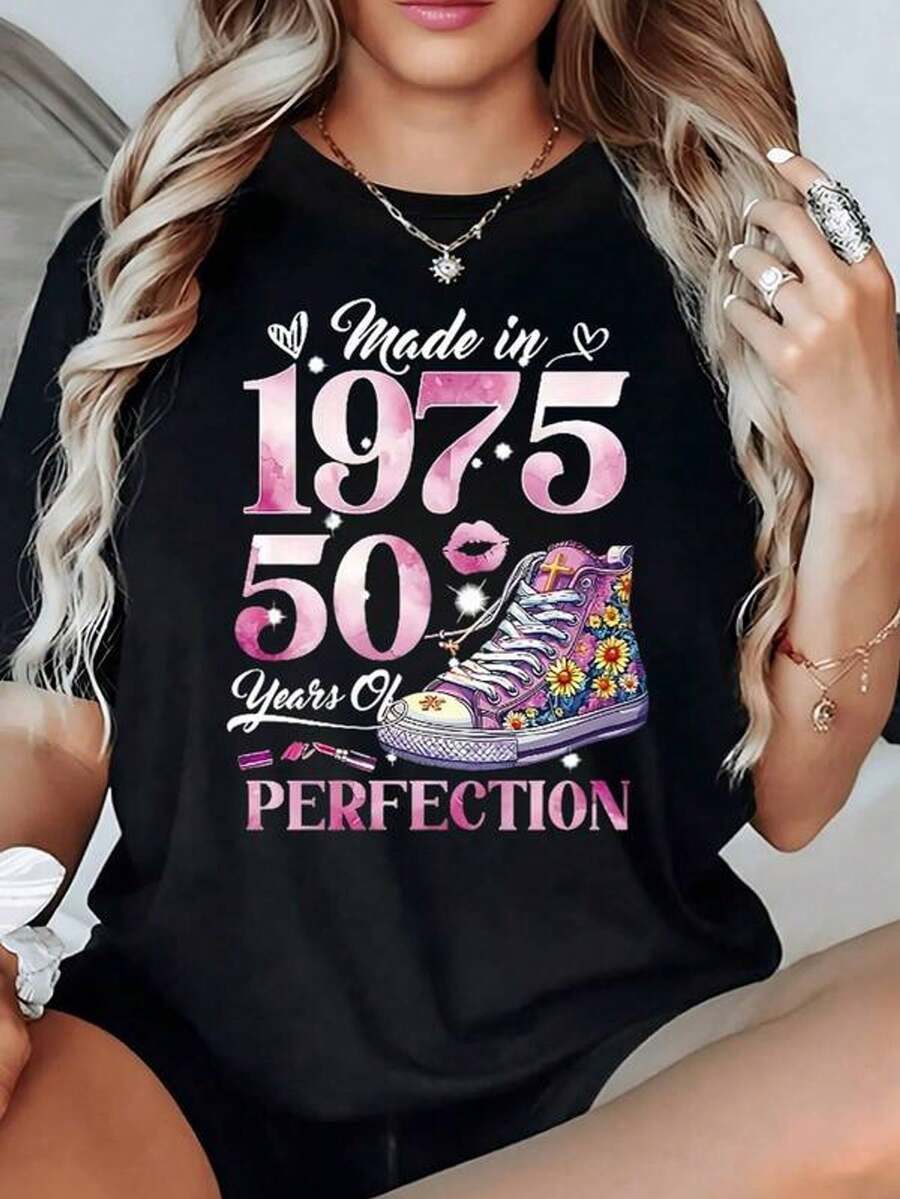 Text With Pink Numbers Celebrating 50 Years Of Perfection Next To A Shoe Illustrated With Flowers And Symbols In Bright Colors. Women's T-Shirt, 100% Cotton, 220g - 黑色 - 查看 1