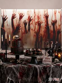 1pc Halloween Backdrop, Happy Halloween Backdrop With Bloody Hand Design, Photography Backdrop, Decorative Wall Hanging, Background Banner, Halloween Decoration, Halloween Party Decoration, Halloween Trick Or Treat Decoration, Outdoor Halloween Decoration - Bloody Hands - View 7