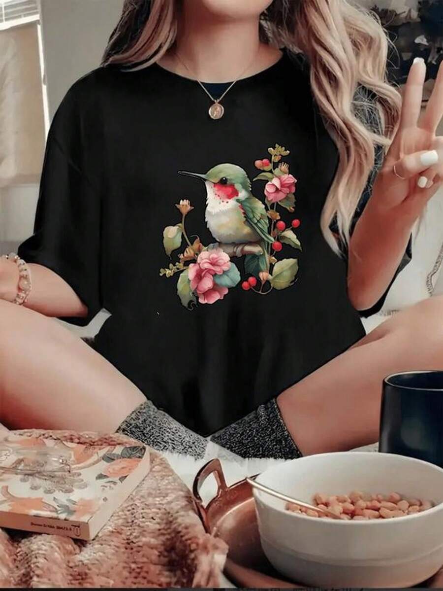 Camiseta de Mujer con Estampado de Colibrí y Flores Diseño Natural para Ocio y Verano Talla Regular Estilo Casual