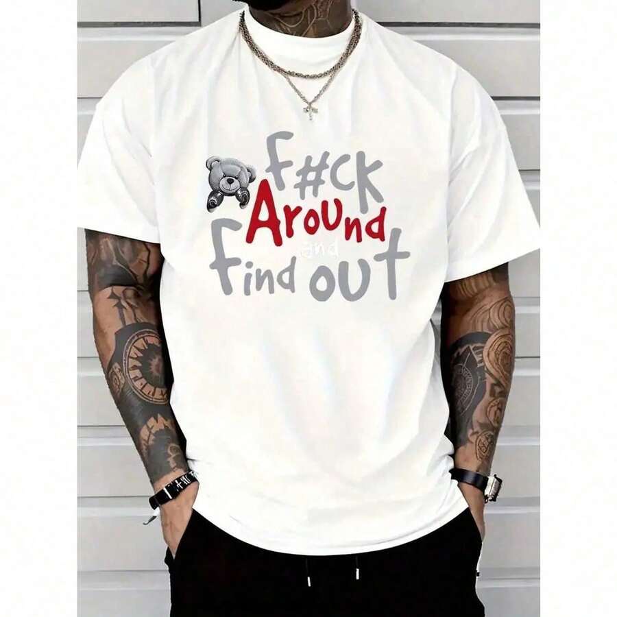 Camiseta Casual para Hombre 100% Algodón con Gráfico de Oso Boxeador - Estampado "FK AROUND AND FIND OUT", Negra, Manga Corta, Cuello Redondo, Lavable a Máquina, Comodidad para Todas las Temporadas ZCA0 - Blanco - Ver 1
