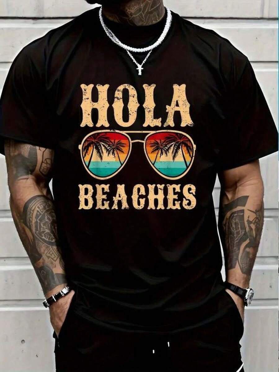 Camiseta unisex de manga corta, Hola Beaches Funny Beach Summer Holiday Vacay Retro Vintage T-Shirt, camiseta gráfica para hombre y mujer, playeras hombre, spiderman, ,  mujer, romwe men, boho chic, regalos para maestros, camiseta de mujer, atuendos curvos para hombre, y2k. - Negro - Ver 1
