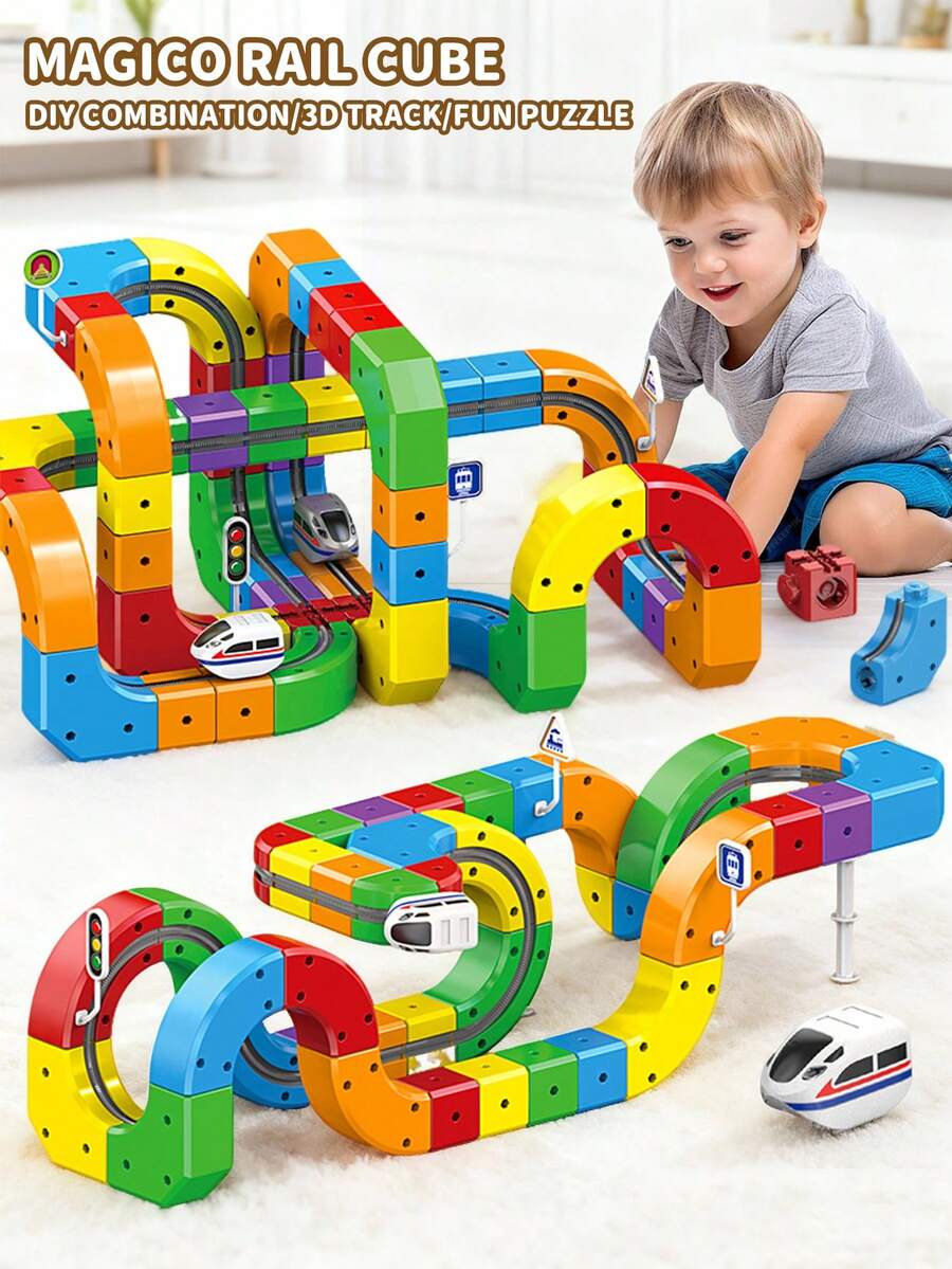 32/48/88 Pcs Modular Electric Train Track Set, Suitable For 3-5 Years Old Kids, Includes Connecting Train Tracks, Gravity-Defying 3D Embedded Layout And Vehicles, STEM Learning Gift, Ideal For Halloween, Christmas And Thanksgiving